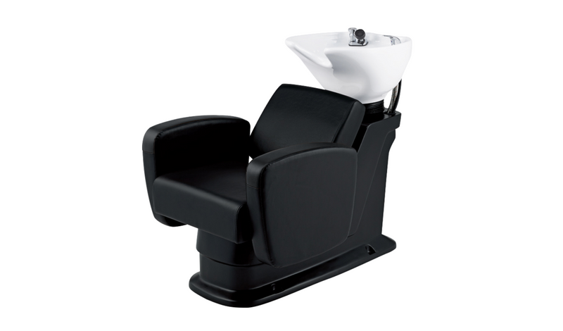 A black salon shampoo chair with a white ceramic sink bowl and black base, shown on a plain white background.